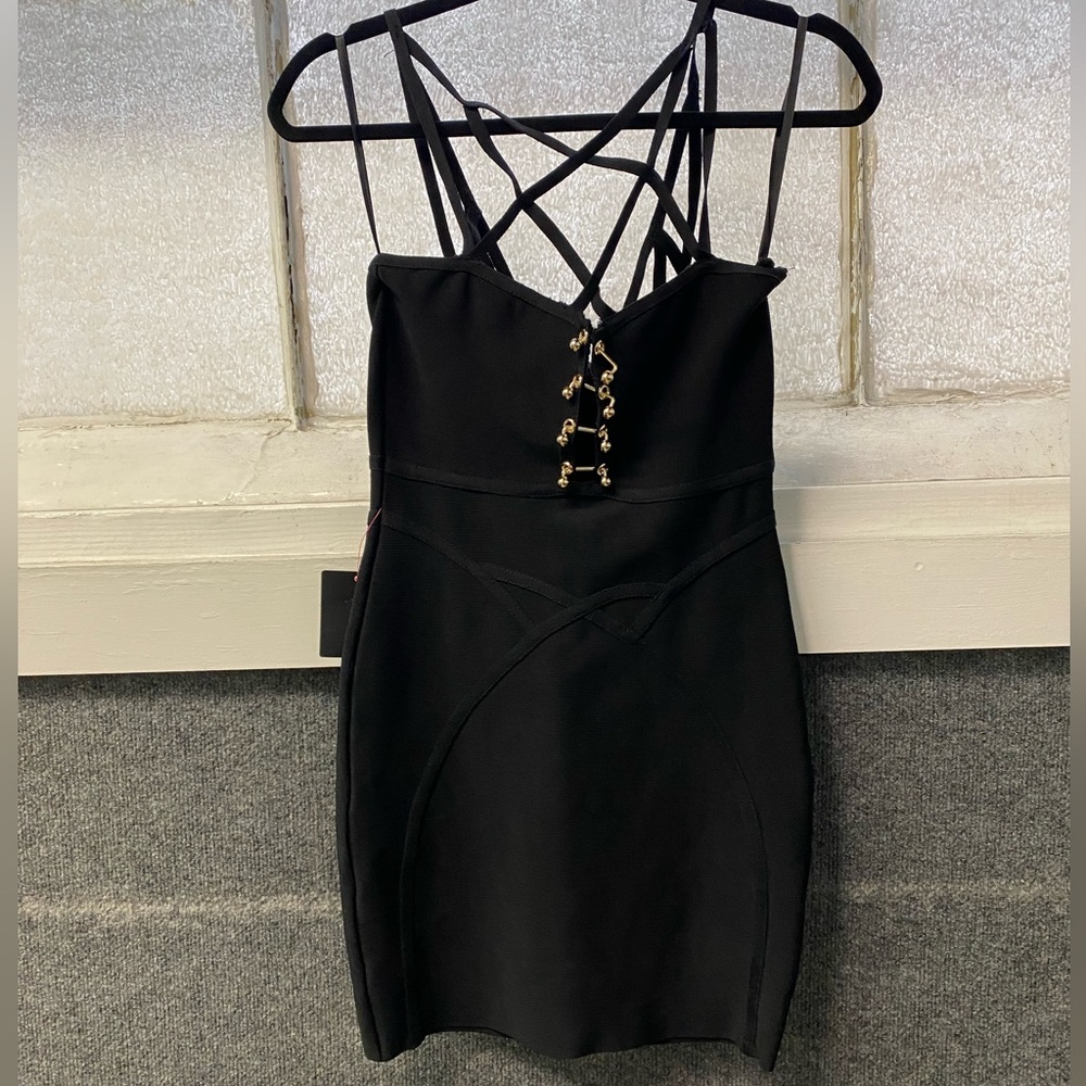 NWT NYE LBD DRESS Bebe Strappy Bandage Dress in Black, Gold Metal Accents, M